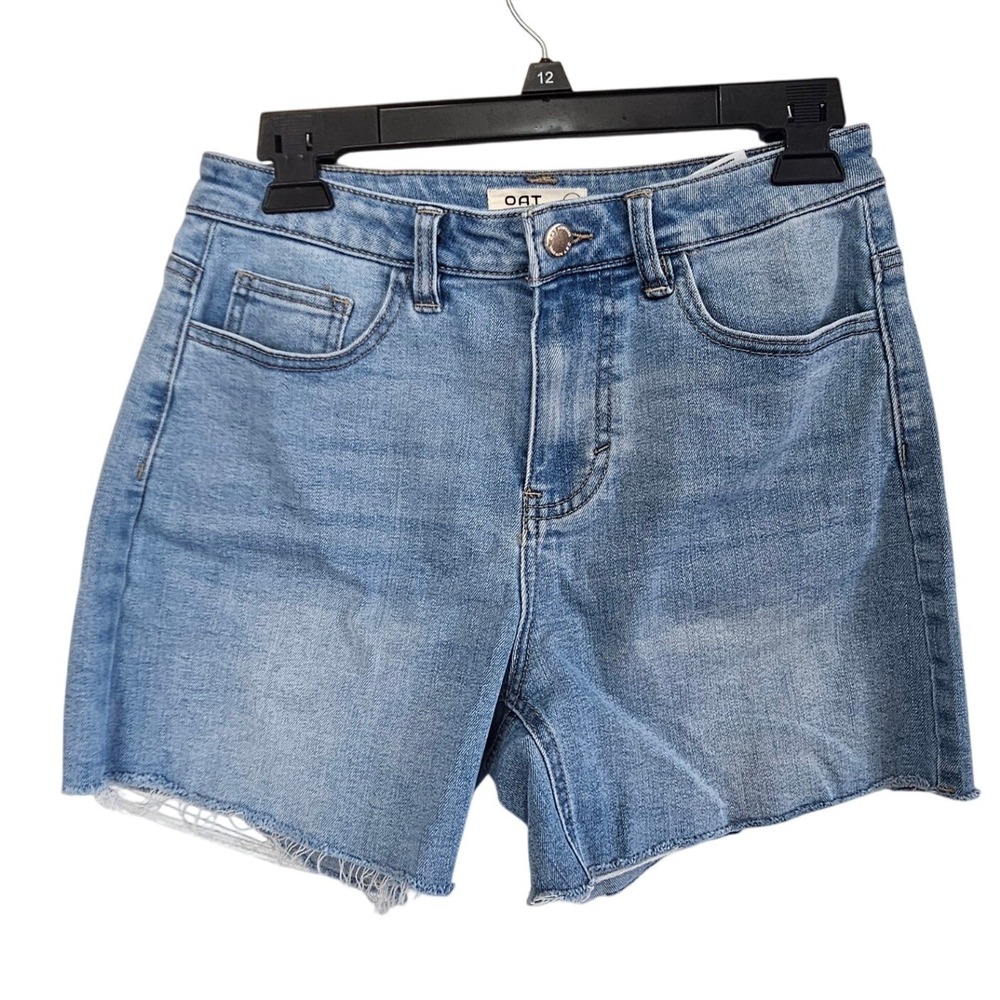 OAT New York Womens High Rise Denim Shorts Medium Wash Raw Hem Size 4 27‎